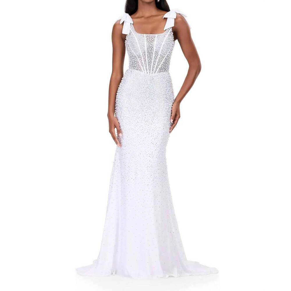 NEW ASHLEYLAUREN pearl embellished corset gown in white
